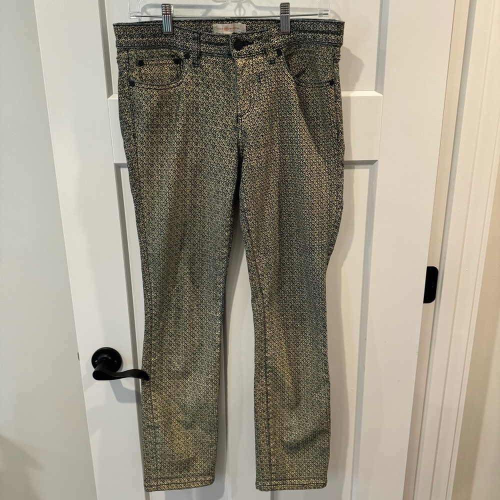 Tory Burch Gold Foil Peacock Print Super Skinny Denim Jean 29